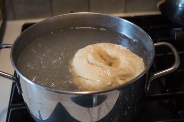 Bagel being boiled