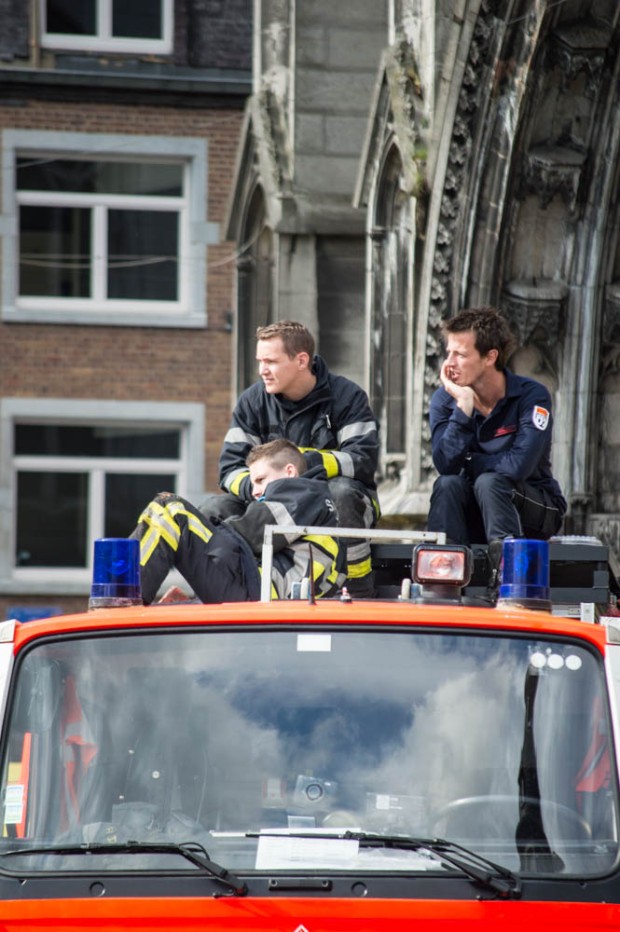 firemen watching from their fire engine